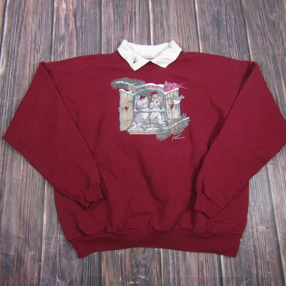 Morning Sun Womens XL Red Collared‎ Christmas Dog Cat Fleece Sweatshirt Preowned